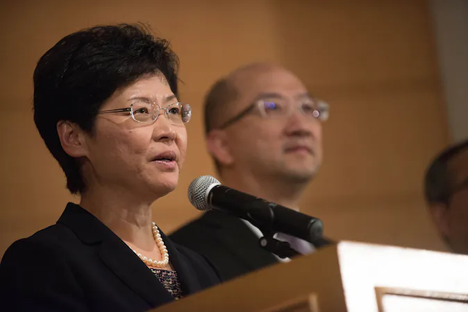 Chief Secretary for Administration of Hong Kong Government Carrie Lam speaks to the meidia after the meeting with Hong Kong Ferdatation of Students at Hong Kong Academy of Medicine in Wong Chuk Hang on October 21, 2014 in Hong Kong. Hong Kong Government and Hong Kong Ferdatation of Students held an open political dialogue to discuss 'universal suffrage'. (Photo by Anthony Kwan/Getty Images)