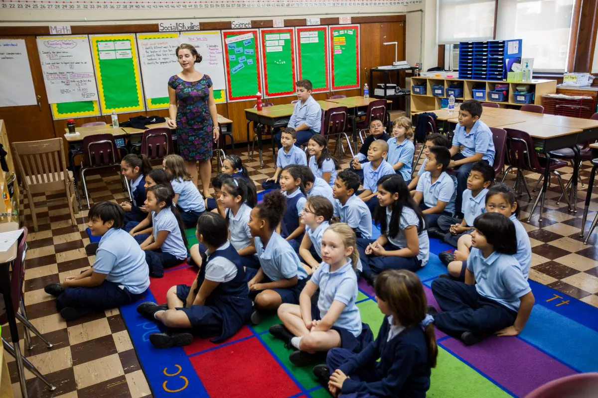 Students in uniform at Voice Charter School of New York, Corona, Queens, Sept. 18, 2014. (Petr Svab/Epoch Times)