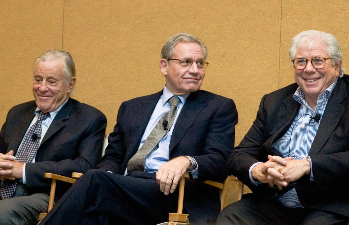 (L-R) Journalists Ben Bradlee, Bob Woodward, and Carl Bernstein on stage at the 2007 Society of Professional Journalists conference in Washington, D.C., reminiscing about their time covering Watergate. (Genevieve Belmaker/Epoch Times)