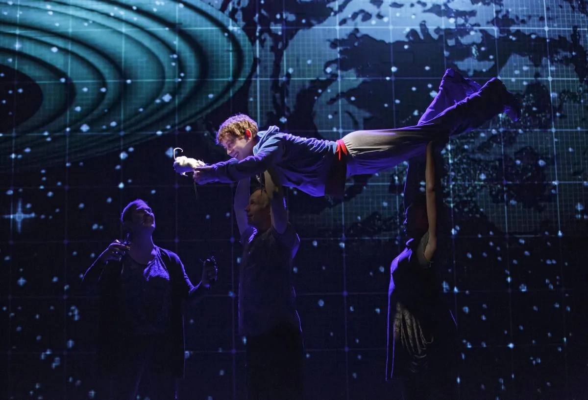 Alex Sharp appears in a scene from the National Theatre production of “The Curious Incident of the Dog in the Night-Time,” currently performing on Broadway at the Barrymore Theatre in New York. (AP Photo/Boneau/Bryan-Brown, Joan Marcus)