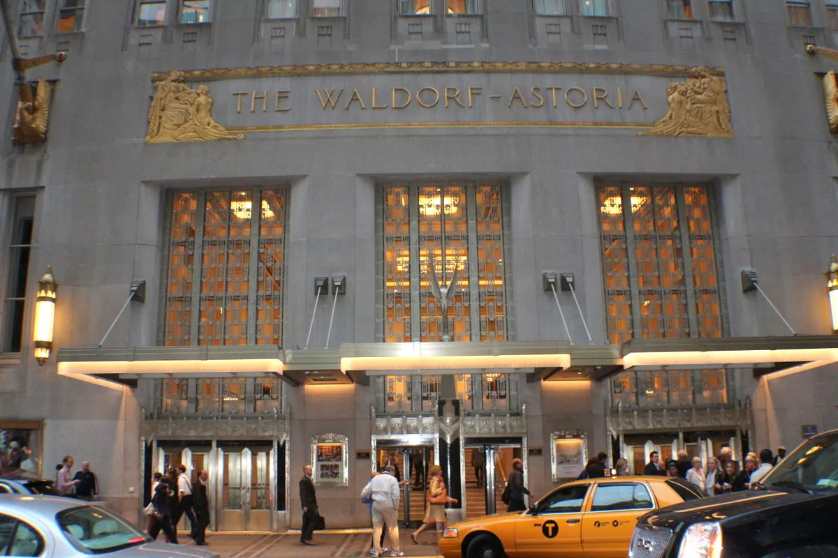 The Park Avenue entrance to the landmark Waldorf=Astoria Hotel. (Myriam Moran copyright 2014)