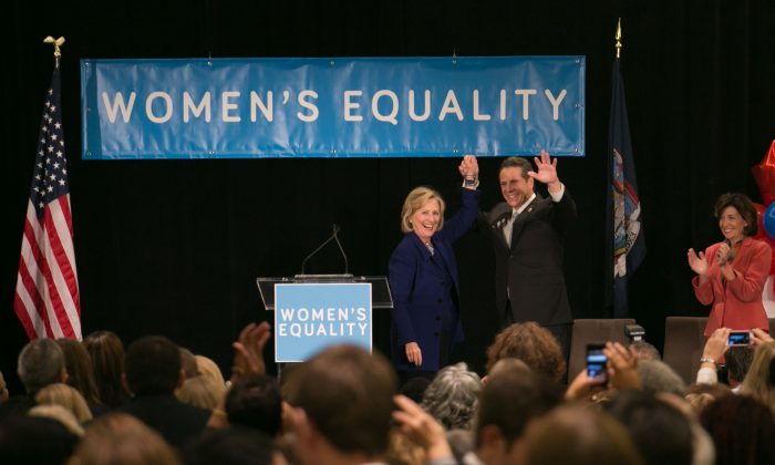 Hillary Clinton introduces Gov. Cuomo at the  Women’s Equality Party at the Grand Hyatt Hotel in Manhattan on October 23, 2014 (Laura Cooksey/Epoch Times)