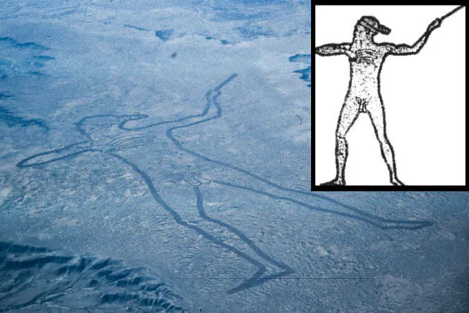 An aerial view of Marree Man and an outline illustrated by Lisa Thurston. (Wikimedia Commons)