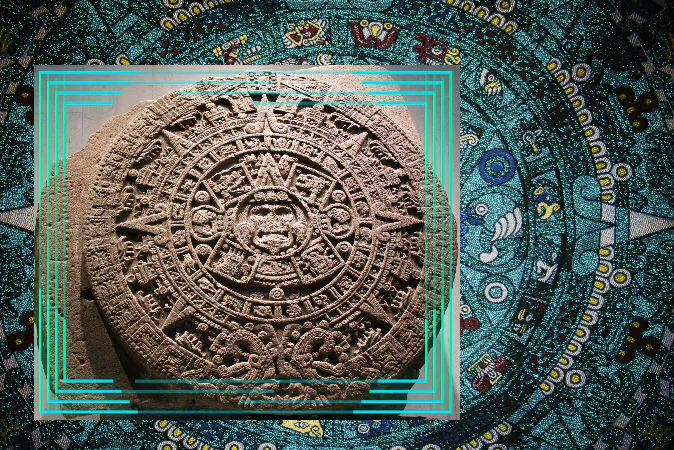 The Sun Stone (Stone of Axayacatl). It depicts the 20 days around the Sun God.(Anagoria/Wikimedia Commons) Background: Mayan calendar (Nikiac/iStock/Thinkstock)