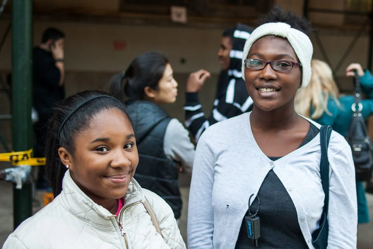 Ashley Segnibo (L) and Imani Williams in front of Brooklyn Technical High School, Fort Greene, Brooklyn, New York, on Oct. 25, 2014. The girls just finished the SHSAT, an admission test for New York City specialized high schools. (Petr Svab/Epoch Times)