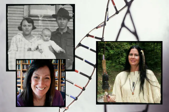 Participants in Dr. Donald Yates’s Cherokee Native American DNA testing. Top Left: Karen Worstell’s grandmother Odessa Shields Cox is shown with her husband William M. Cox and Worstell’s mother, Ethel, as a baby, ca. 1922. Bottom Left: Karen Worstell. Right: Jan Franz. (Courtesy of Dr. Donald Yates)