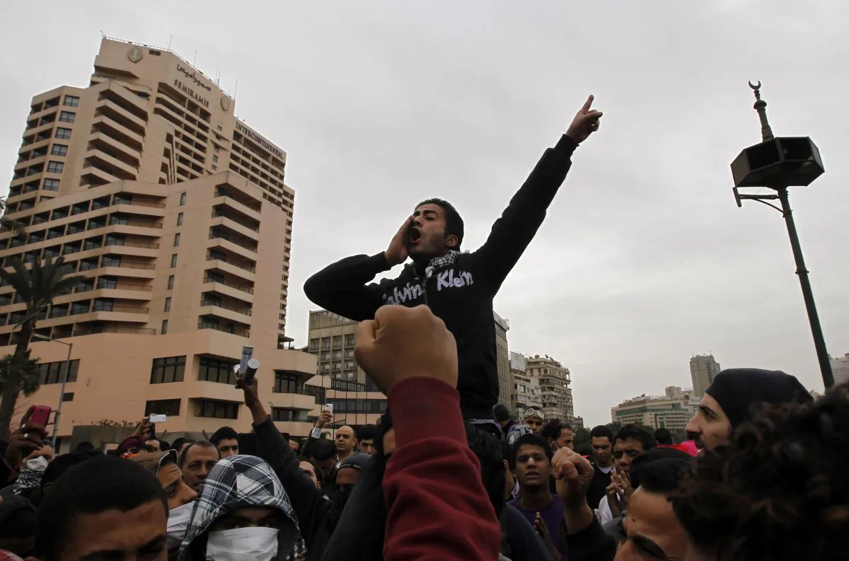 An Egyptian protester shouts anti-Muslim Brotherhood slogans during a demonstration near Cairo's Tahrir Square on January 28, 2013. (Mohammed Abed/AFP/Getty Images)