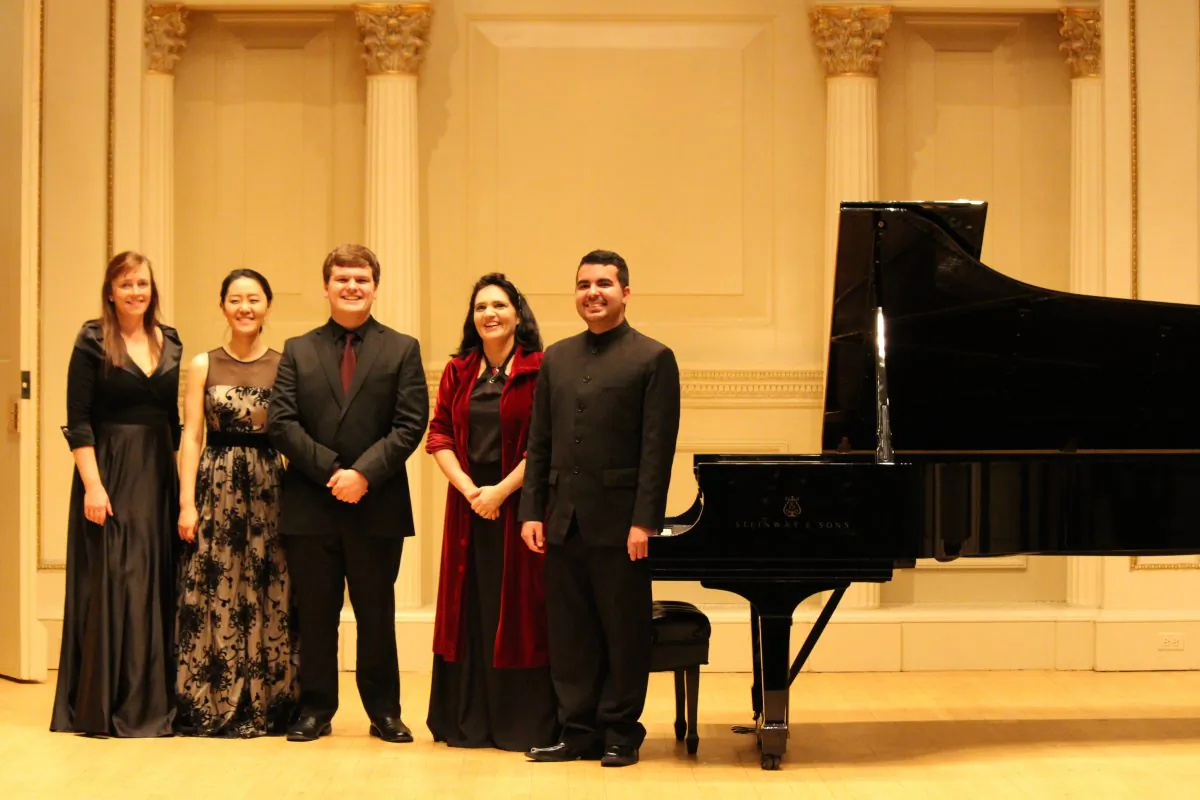 The 2014 International Shining Stars Competition Winners presented by the New York Concerti Sinfonietta include (L–R) Irish pianist Deirbhile Brennan, Korean pianist Jee In Hwang, American cellist Nicholas Burkel, and Brazilian pianists Andréa Luísa Teixeira and Diego Caetano on Oct. 19. (Alden Terry)