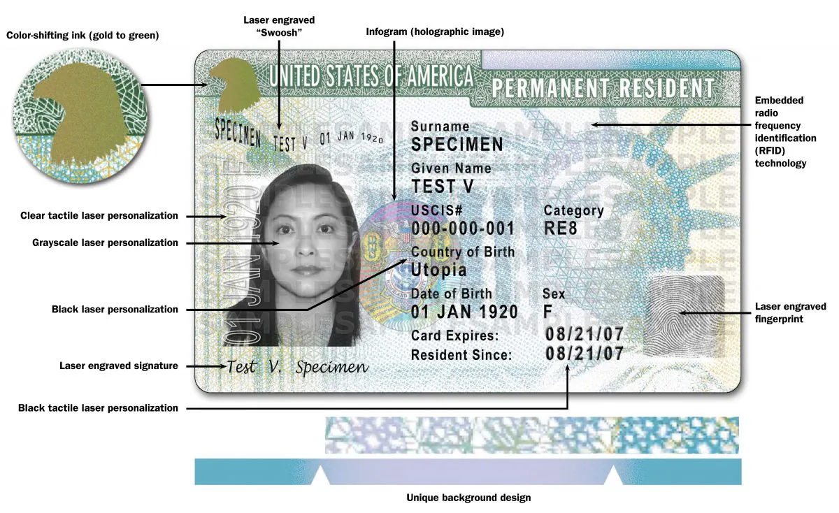 The new version of the Permanent Resident Card, more commonly known as a green card. The Homeland Security Department appears to be preparing for an increase in the number of immigrants living illegally in the country to apply for work permits after President Barack Obama announces his long-promised plans for executive actions on immigration reform later this year. USCIS confirmed to The Associated Press that it has published a draft contract proposal to buy the card stock needed to make work permits and Permanent Resident Cards. (AP Photo/US Citizenship and Immigration Services)