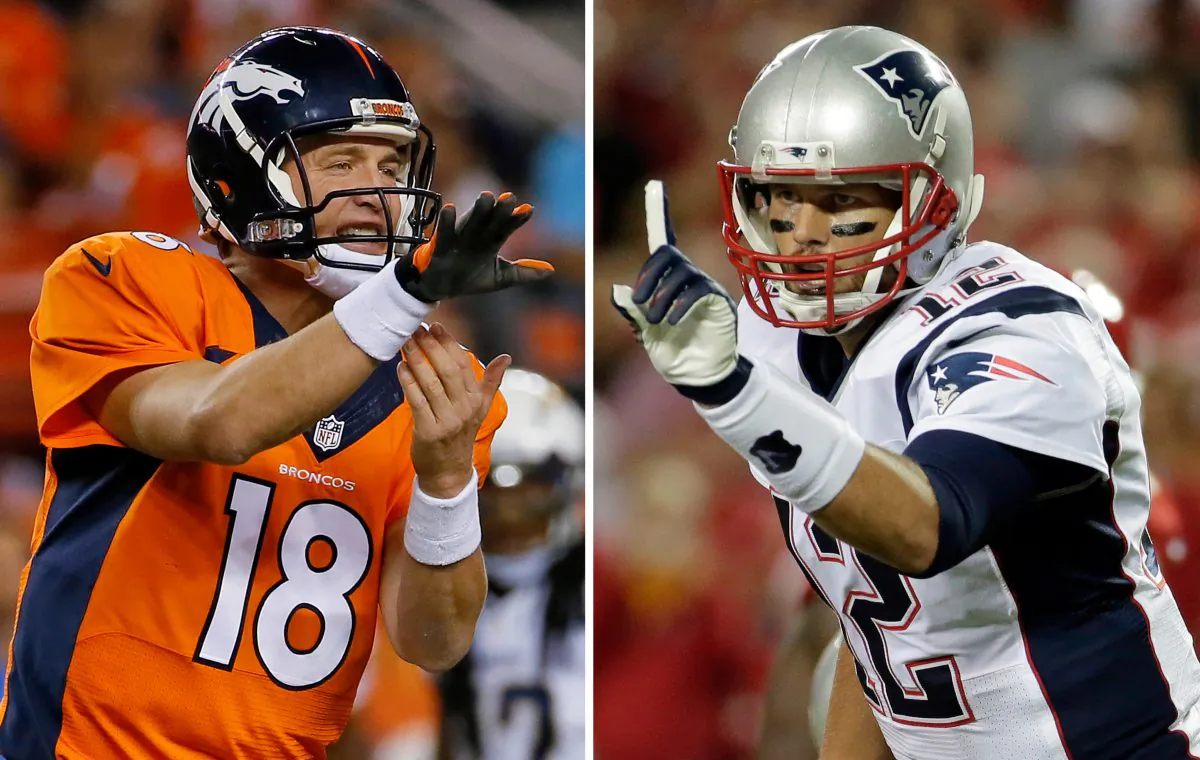 FILE - At left, in an Oct. 23, 2014, file photo, Denver Broncos quarterback Peyton Manning calls a play against the San Diego Chargers during the first half of an NFL football game in Denver. At right, in a Sept. 29, 2014, file photo, New England Patriots quarterback Tom Brady points on the line of scrimmage during the first quarter of an NFL football game against the Kansas City Chiefs in Kansas City, Mo. New England has little time to savor its fourth straight win, a 51-23 pounding of the Chicago Bears. The Patriots must get ready to host Peyton Manning and the Denver Broncos next Sunday in the first of five straight games against top teams.(AP Photo/File)