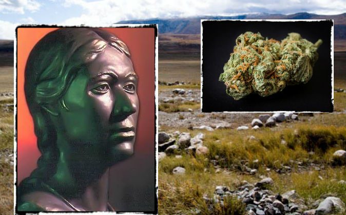 Left: A model of how the Ukok “princess” mummy may have looked in life. (Wikimedia Commons) Right: Cannabis. (Kaca Studio/iStock/Thinkstock) Background: The mummy’s gravesite.  (Tatyana Penn/Wikimedia Commons)