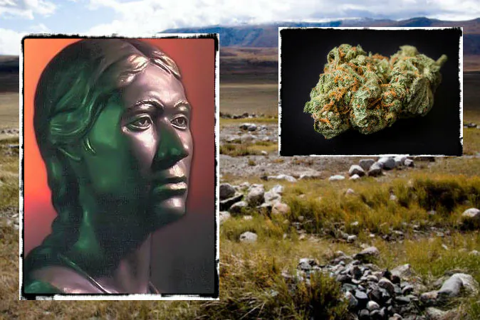 Left: A model of how the Ukok “princess” mummy may have looked in life. (Wikimedia Commons) Right: Cannabis. (Kaca Studio/iStock/Thinkstock) Background: The mummy’s gravesite.  (Tatyana Penn/Wikimedia Commons)
