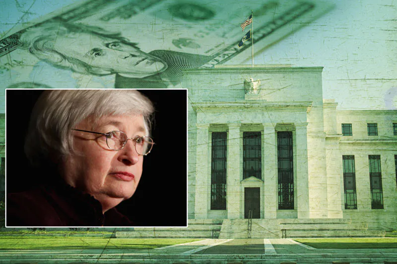 Background: Federal Reserve building in Washington DC superimposed on a twenty dollar bill. (Shutterstock*) Left: Federal Reserve Bank Chairwoman Janet Yellen delivers remarks on May 1, 2014, in Washington, DC. The Fed’s latest statement released Oct. 29 detailed the ending of quantitative easing. (Chip Somodevilla/Getty Images)