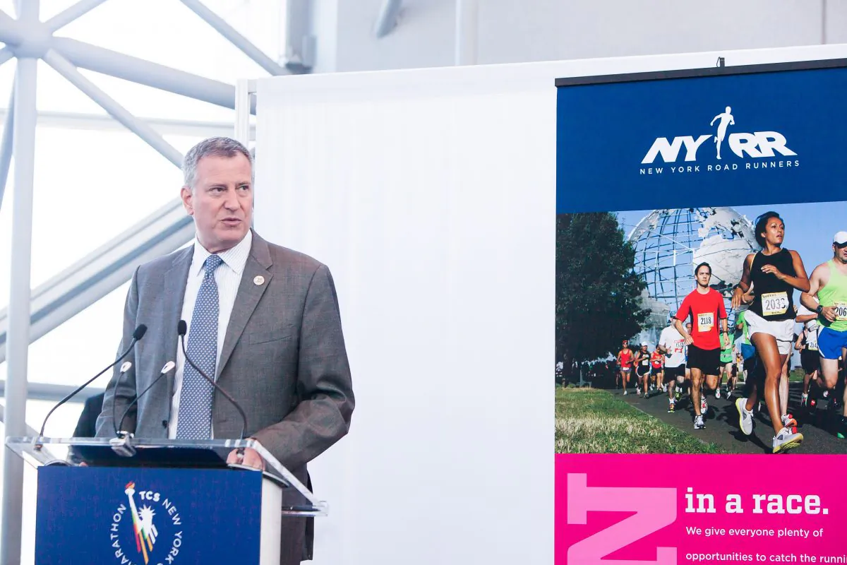 New York City Mayor Bill de Blasio at New York City Marathon opening press conference in Jacob K. Javits Convention Center, New York, on Oct. 30, 2014. (Petr Svab/Epoch Times)