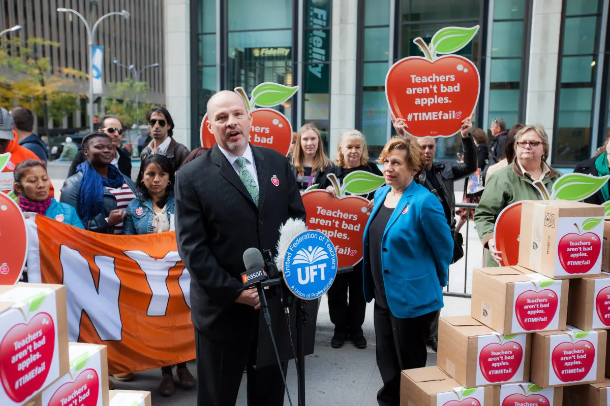 United Federation of Teachers President Michael Mulgrew at a press conference in front of Time magazine headquarters in mid-town Manhattan, New York, on Oct. 30, 2014. She presented a petition with over 100,000 signatories asking the magazine for an apology for a cover they say generalizes teachers as bad. (Petr Svab/Epoch Times)