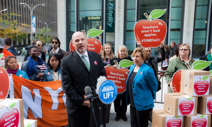 United Federation of Teachers President Michael Mulgrew at a press conference in front of Time magazine headquarters in mid-town Manhattan, New York, on Oct. 30, 2014. She presented a petition with over 100,000 signatories asking the magazine for an apology for a cover they say generalizes teachers as bad. (Petr Svab/Epoch Times)