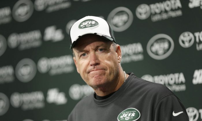New York Jets coach Rex Ryan speaks during an NFL football news conference in Florham Park, N.J., Monday, Oct. 27, 2014. (AP Photo/Seth Wenig)
