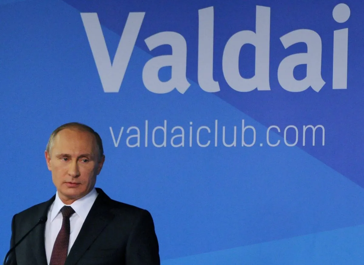 Russian President Vladimir Putin speaks to political experts at a meeting of the Valdai International Discussion Club in the Black Sea resort of Sochi, Russia, on Oct. 24, 2014. (AP Photo/RIA-Novosti, Mikhail Klimentyev, Presidential Press Service)