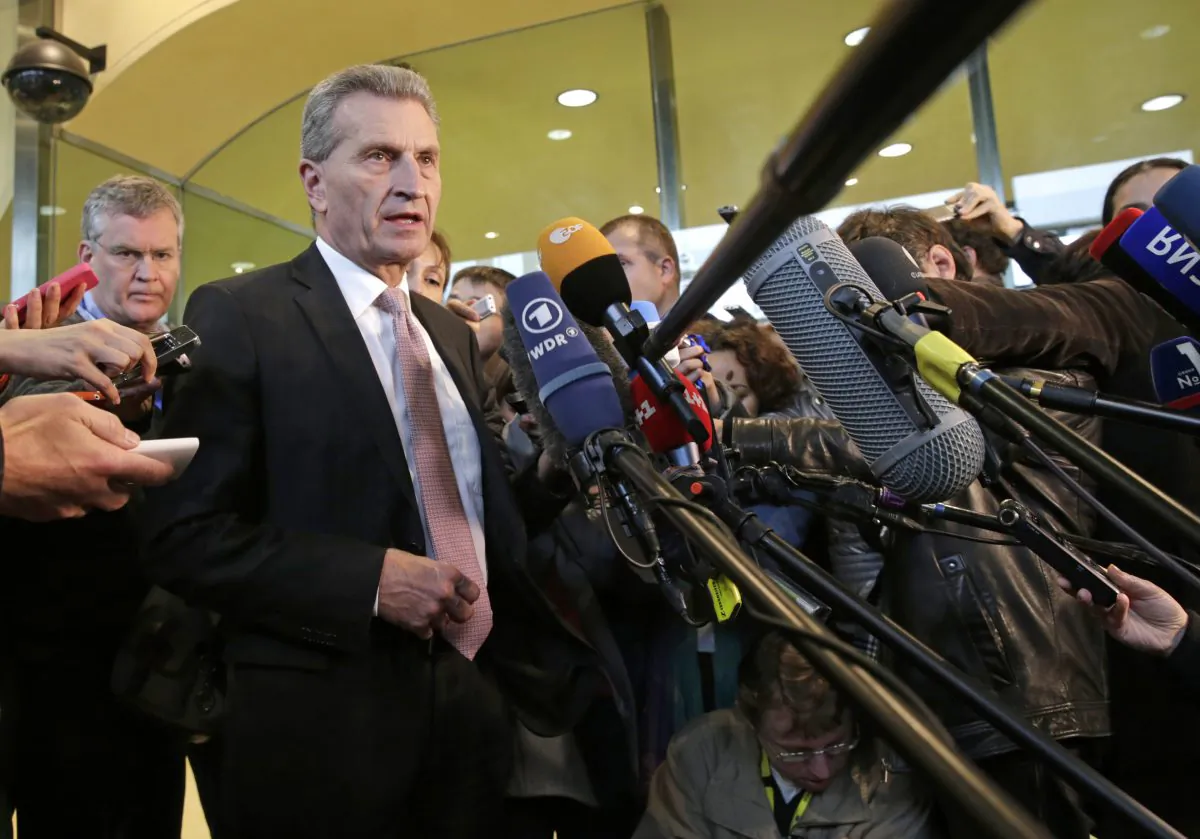 EU Commissioner for Energy Guenther Oettinger addresses the media at the European Commission headquarters in Brussels, Wednesday, Oct. 29, 2014. The European Union’s energy chief is hoping Wednesday’s negotiations between Ukraine and Russia will assure the breakthrough needed to guarantee that Russian gas will continue to flow to Ukraine and, by extension, parts of the EU this winter. (AP Photo/Yves Logghe)