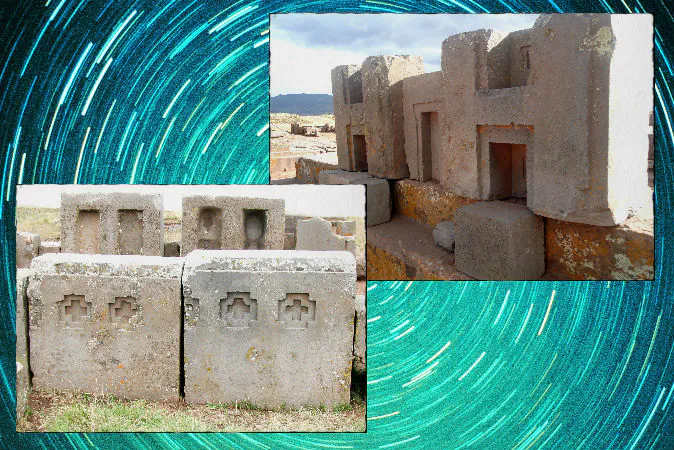 Large stones left at the Puma Punku site in Bolivia, said to be astronomically aligned. (Left: Brattarb/Wikimedia Commons; Right: Janikorpi/Wikimedia Commons) Background: A time-lapse photo of stars. (Digital Vision/Digital Vision/Thinkstock)