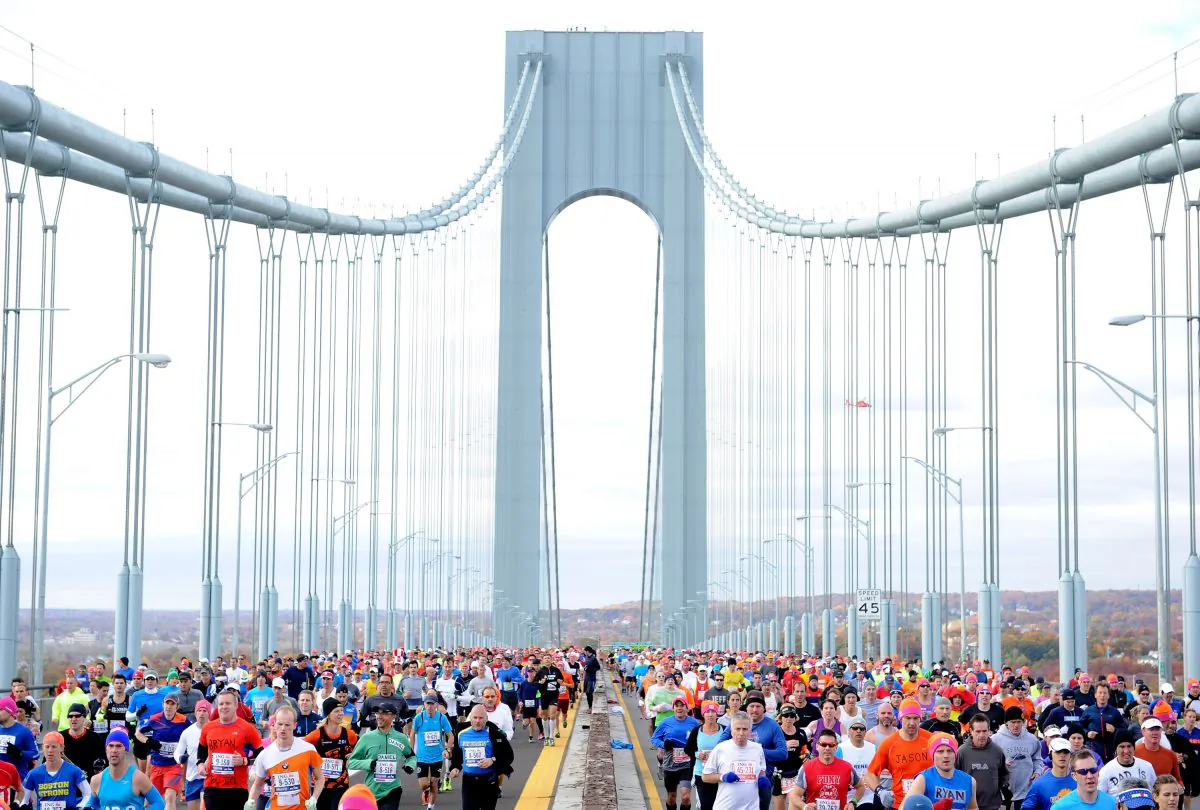 Runners cross the Verrazano-Narrows Bridge at the start of the New York City Marathon on November 3, 2013 in the Brooklyn borough of New York City. (Maddie Meyer/Getty Images)
