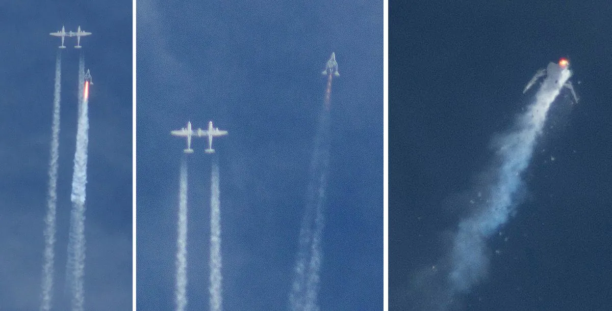 This three image combo photo shows the Virgin Galactic SpaceShipTwo rocket separating from the carrier aircraft, left, prior to it exploding in the air, right, during a test flight on Friday, Oct. 31, 2014. The Virgin Galactic rocket that exploded during a test flight, killed a pilot aboard and seriously injured another while scattering wreckage in Southern California's Mojave Desert, witnesses and officials said. (AP Photo/Kenneth Brown)