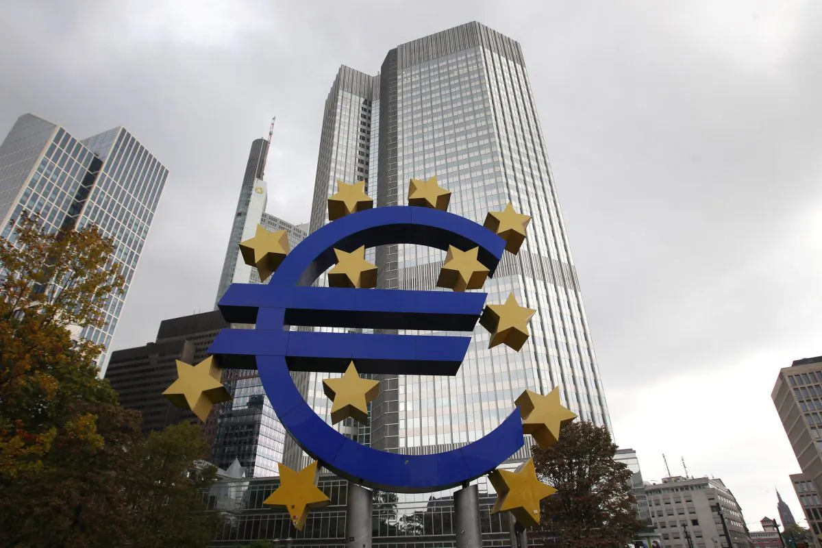 The EURO logo is pictured in front of the European Central Bank (ECB) in Frankfurt/Main, Germany, on Oct. 26, 2014. (Daniel Roland/AFP/Getty Images)