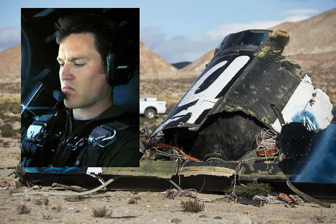 Left: Michael Alsbury, who was killed while co-piloting the test flight of Virgin Galactic SpaceShipTwo on Friday, Oct. 31, 2014. (AP Photo/Scaled Composites) Right: Wreckage lies near the site Saturday, Nov 1, 2014, where SpaceShipTwo exploded and crashed in Mojave, Calif. (AP Photo/Ringo H.W. Chiu)