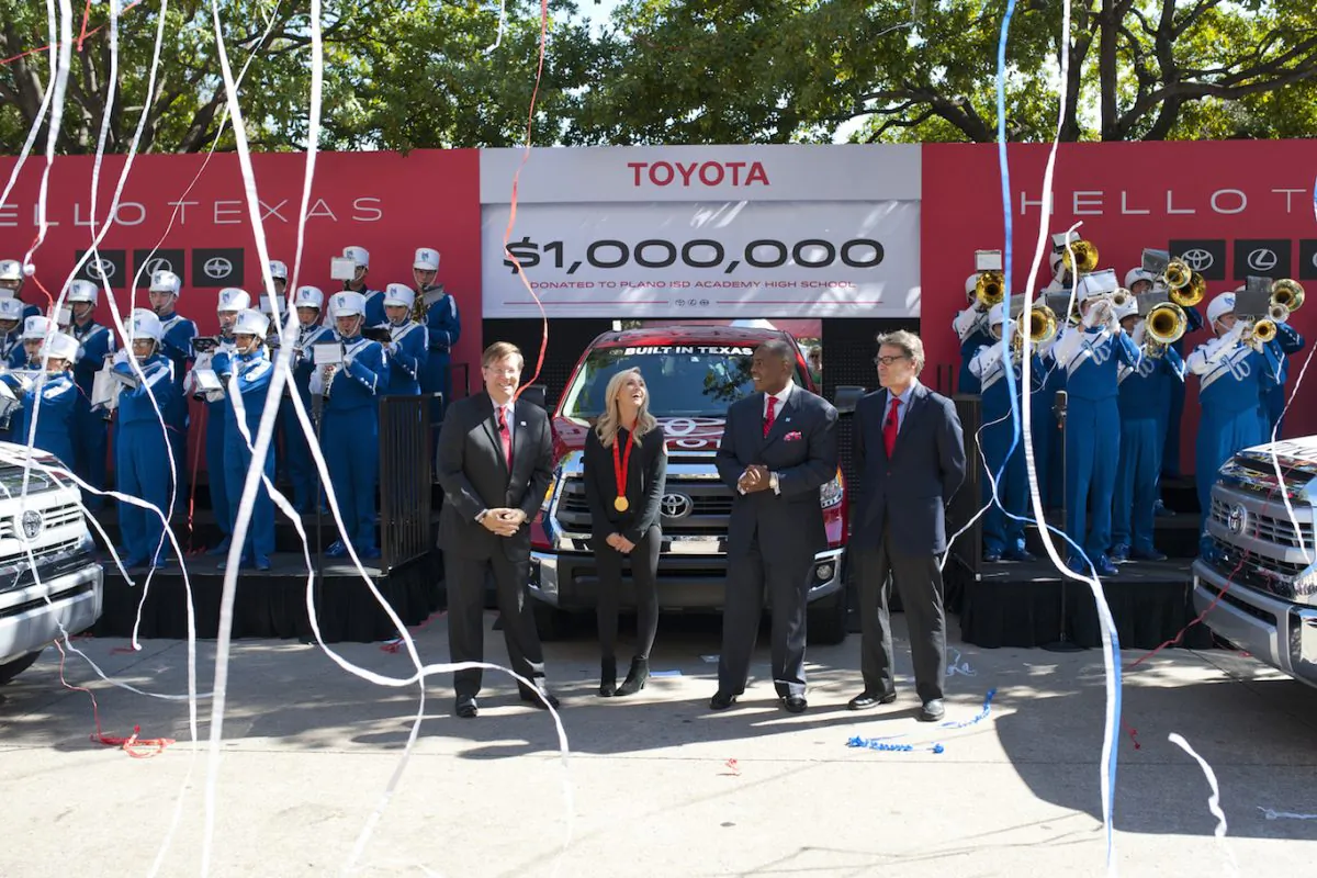 Toyota Motors North America CEO Jim Lentz, Olympic gold medalist Nastia Liukin, Plano Mayor Harry LaRosiliere, Texas Gov. Rick Perry
(Courtesy of Toyota and Getty Images)