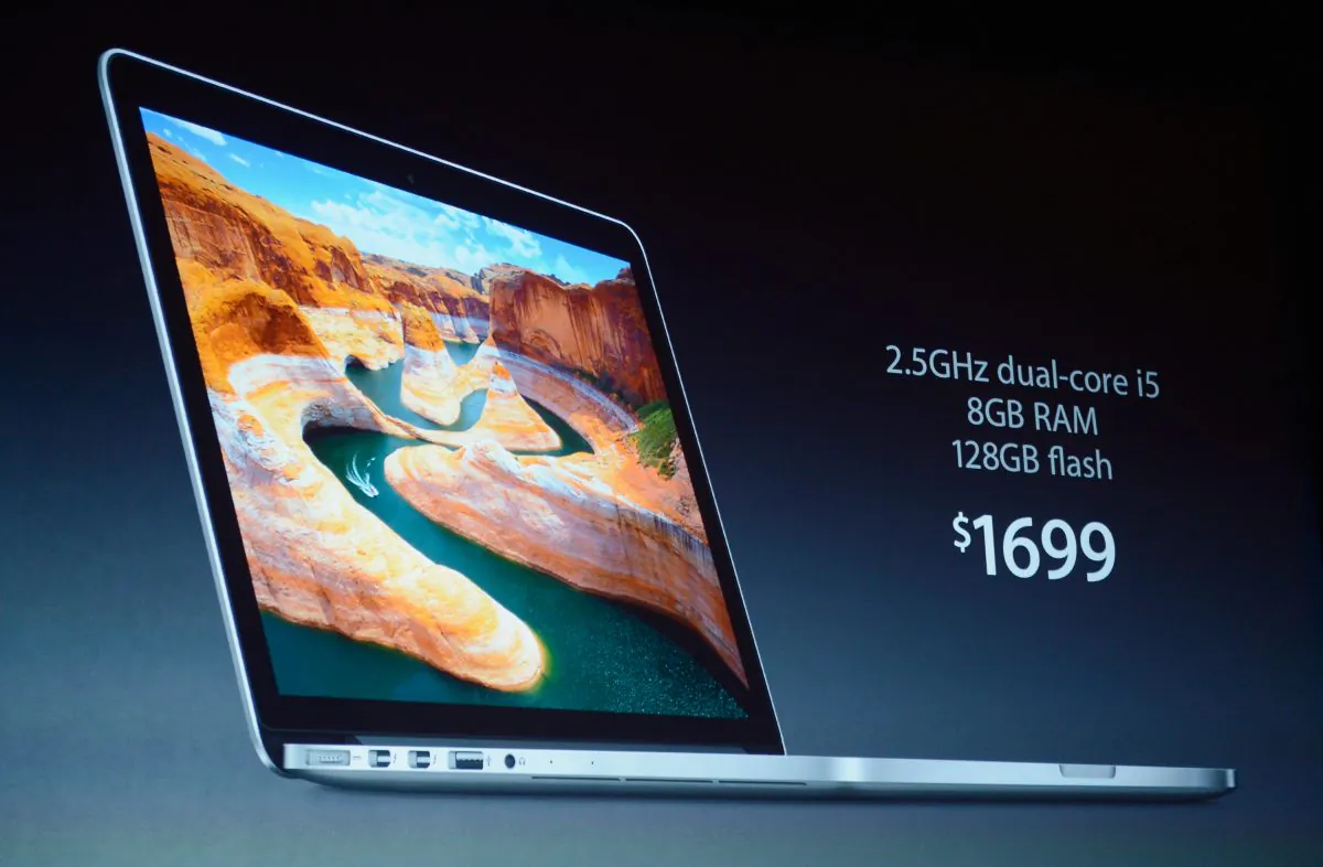 The price of a new 13-inch MacBook Pro is dirplayed during an Apple special event at the historic California Theater on October 23, 2012 in San Jose, California. (Kevork Djansezian/Getty Images)