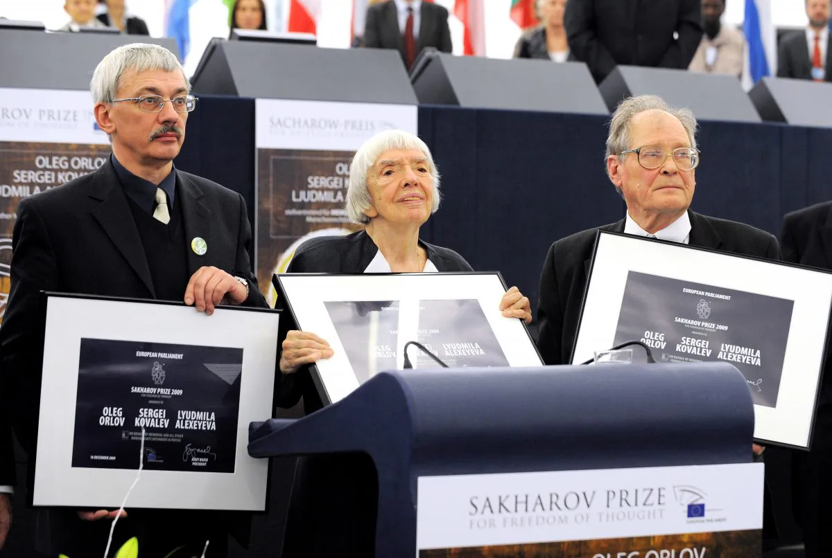 Members of Russian historical and human rights organization "Memorial" (L-R) Oleg Orlov, Lyudmila Alexeyeva, and Sergei Kovalev receive the 2009 Sakharov Prize for Freedom of Thought at the European Parliament in Strasbourg, France on Dec. 16. (Johanna Leguerre/AFP/Getty Images)