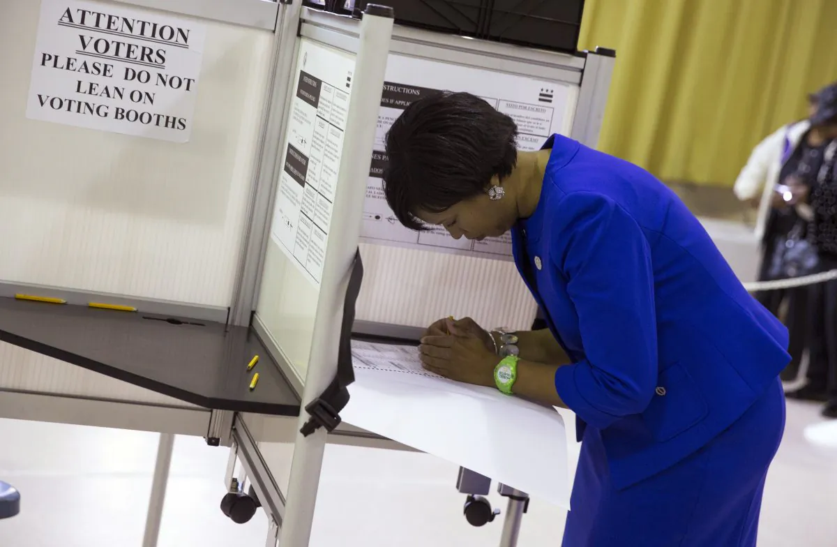 Washington Democratic mayoral candidate Muriel Bowser, right, fills out her ballot on election day at LaSalle-Backus Education Campus, on Tuesday, Nov. 4, 2014, in Washington. Bowser is favored to continue her party's unbeaten streak for the city's top office in Tuesday's election. (AP Photo/Evan Vucci)