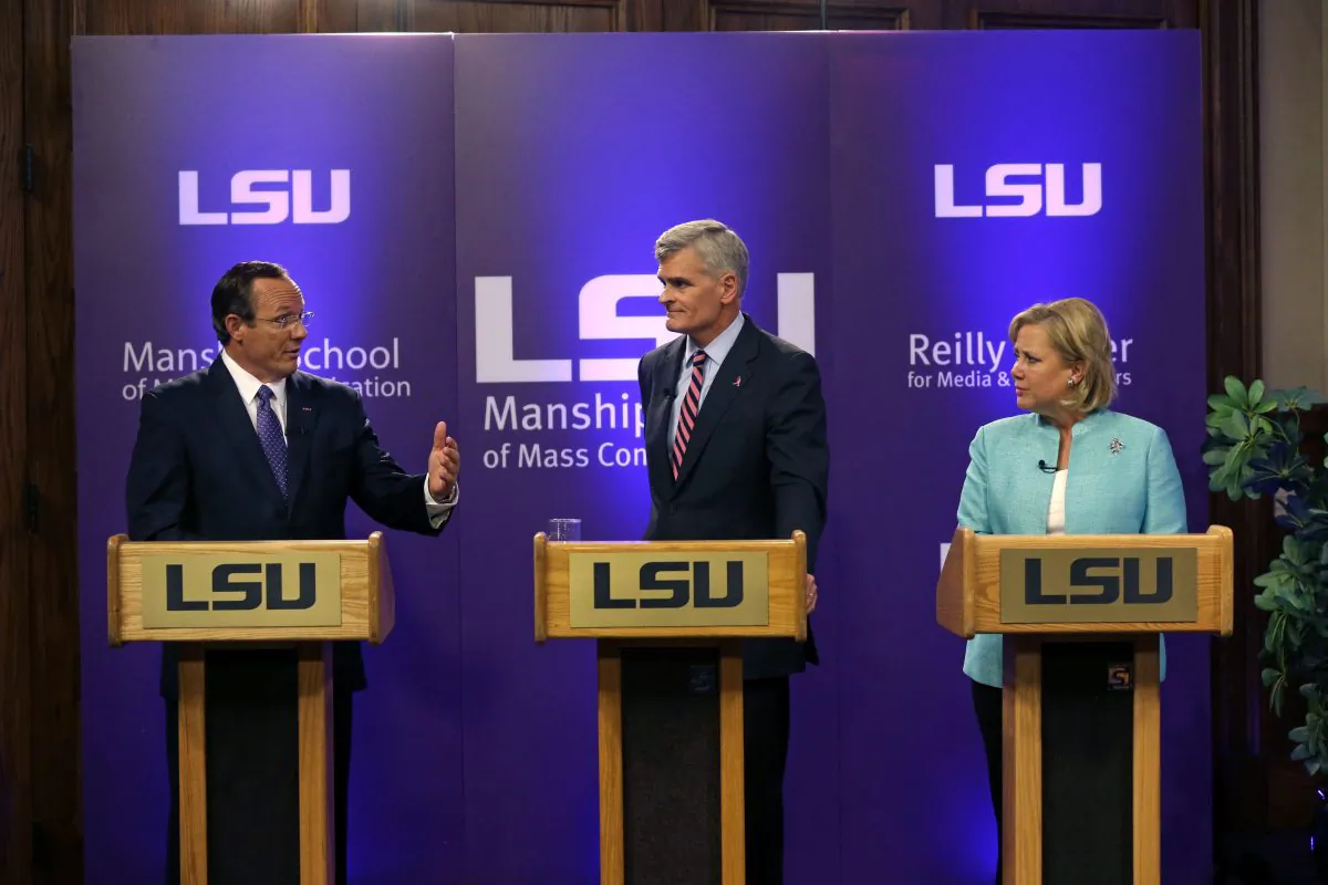 Sen. Mary Landrieu, D-La., Rep. Bill Cassidy, R-La., and Republican candidate and Tea Party favorite Rob Maness participate in a Senate race debate on the LSU campus in Baton Rouge, La., Wednesday, Oct. 29, 2014. (AP Photo/Gerald Herbert)