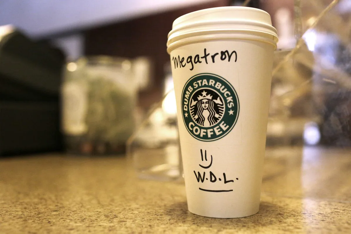  A free coffee for Megatron awaits pickup inside Dumb Starbucks in the Los Feliz neighborhood on Feb. 10, 2014 in Los Angeles, Calif. (Dan R. Krauss/Getty Images)