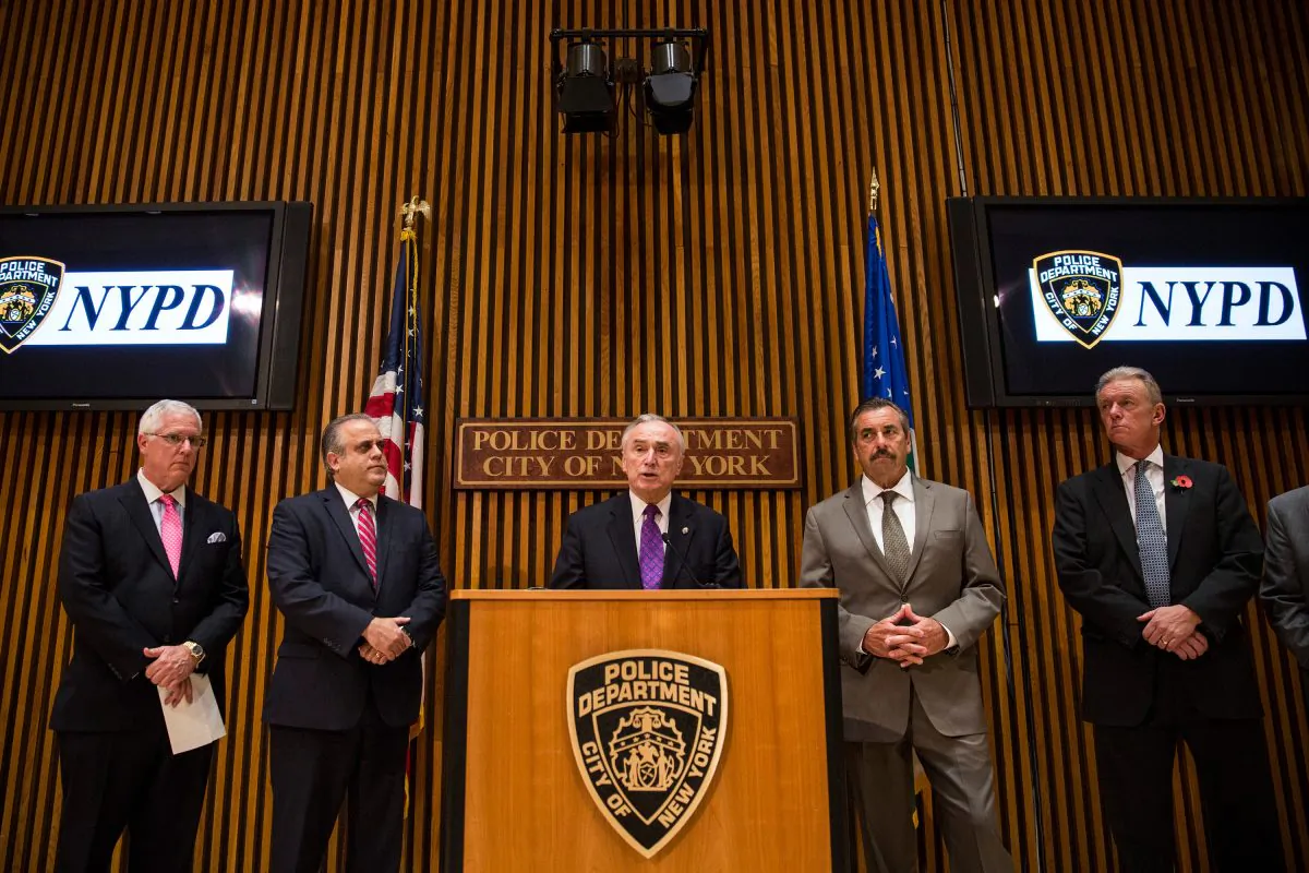 (L-R) John Miller, Deputy Commissioner of Intelligence & Counter-terrorism of the New York City Police Department (NYPD); George Venizelos, Assistant Director-in-Charge of the FBI (Federal Bureau of Investigation); NYPD Commissioner William Bratton; Charles Beck, Chief of the Los Angeles Police Department and Sir Bernard Hogan-Howe, Commissioner of the Metropolitan Police Service of London, at a press conference at the NYPD headquarters in Manhattan, on November 6, 2014. At the annual NYPD-led meeting on anti-terrorism, called Operation Sentry, both commissioners spoke of the growing threat of individuals who self-radicalize and plot attacks after viewing terrorist propaganda on the Internet. (Photo by Andrew Burton/Getty Images)
