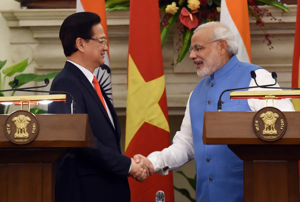 Indian Prime Minister Narendra Modi (R) shakes hands with Vietnamese Prime Minister Nguyen Tan Dung following an agreement signing in New Delhi on Oct. 28, 2014. Vietnam Prime Minister Nguyen Tan Dung has sought India's support to resolve territorial disputes in the South China Sea in a bid to shore up regional alliances as relations have soured with China. (Prakash Singh/AFP/Getty Images)