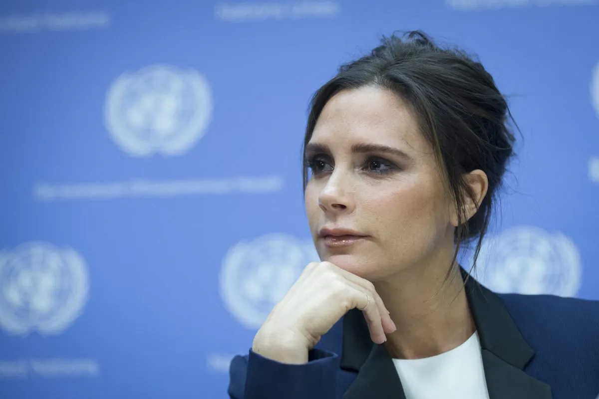 Fashion fesigner Victoria Beckham attends news conference as she is named an United Nation's Goodwill Ambassador during the 69th U.N. General Assembly at U.N. headquarters, Thursday, Sept. 25, 2014. (AP Photo/John Minchillo)