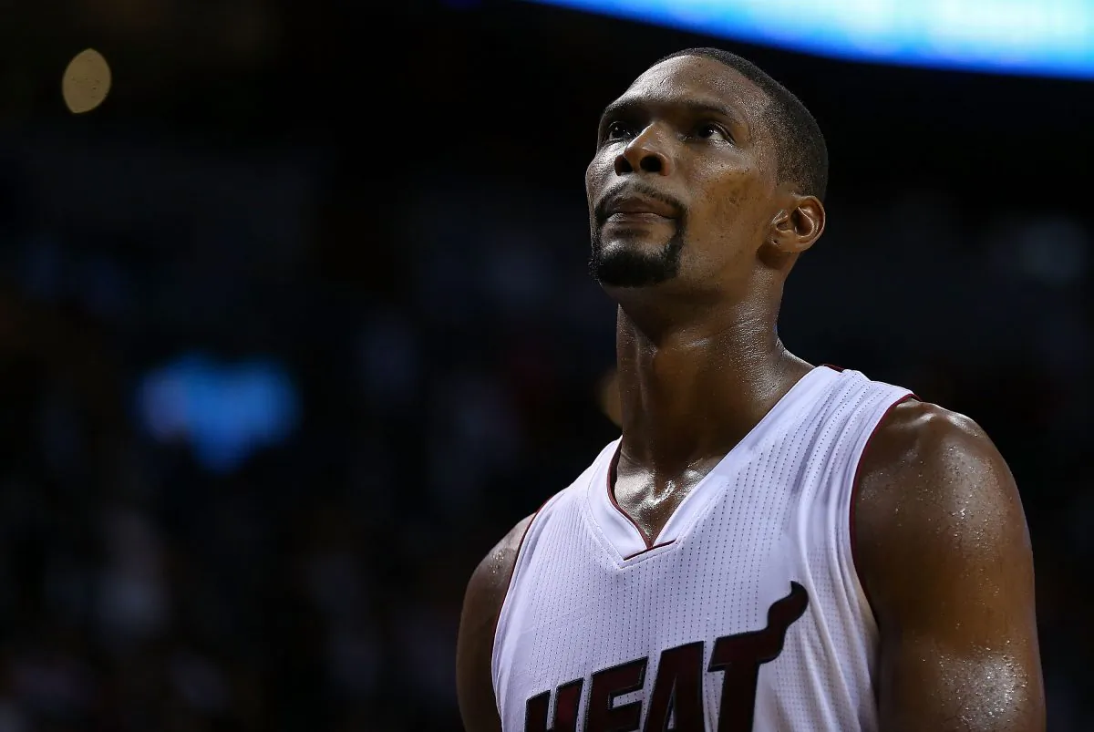 Chris Bosh of the Heat looks on during a game against the Houston Rockets at American Airlines Arena in Miami on Nov. 4, 2014. (Mike Ehrmann/Getty Images)