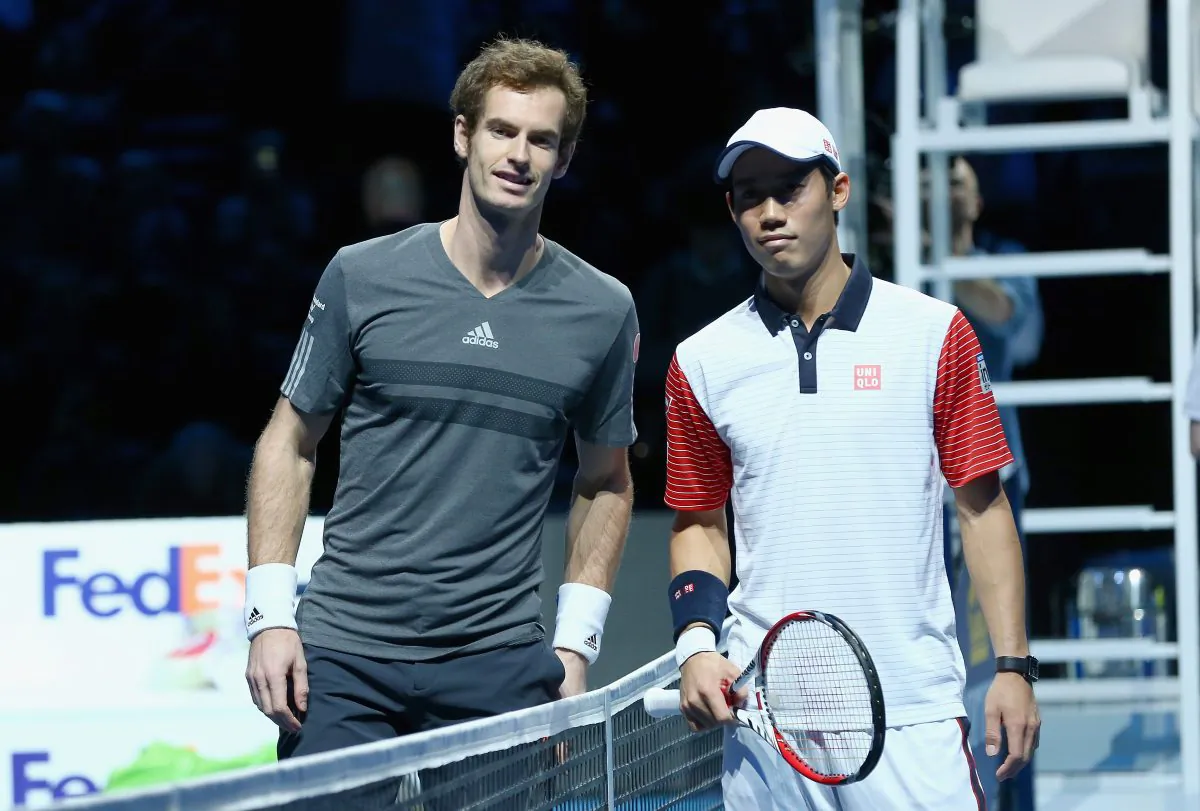 Andy Murray of Great Britain and Kei Nishikori of Japan prior to their round robin match during the Barclays ATP World Tour Finals at the O2 Arena on November 9, 2014 in London, England. (Clive Brunskill/Getty Images)