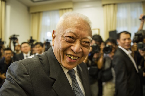 Former Hong Kong Chief Executive Tung Chee-hwa attends a press conference in Hong Kong on September 3, 2014. Tung supported the standing committee of China's rubber-stamp parliament who on August 31 ruled out public nominations for Hong Kong's next chief executive in 2017, with candidates for the city's top job to be approved instead by a Beijing-backed committee. (Xaume Olleros/AFP/Getty Images)