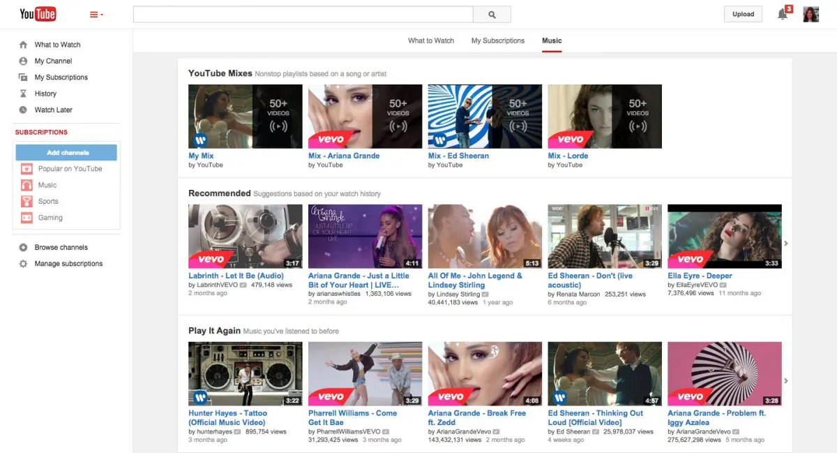 This product image provided by Google shows a new tab devoted exclusively to music on the YouTube website. This option is meant to make it easier for the video site’s 1 billion users to find specific songs and even entire albums, even if they aren’t subscribers. (AP Photo/YouTube)