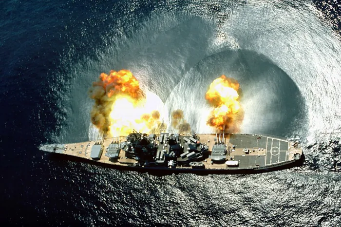 Battleship Iowa Fires all guns simultaneously. (US Navy).