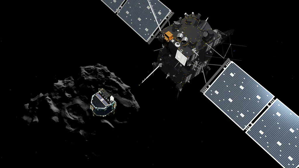 The image released by the European Space Agency ESA on Wednesday, Nov. 12, 2014, shows an artist rendering by the ATG medialab depicting lander Philae separating from Rosetta mother spaceship and descending to the surface of comet 67P/Churyumov-Gerasimenko. European Space Agency said Wednesday that the landing craft separated from Rosetta probe for descent to comet 67P. (AP Photo/ESA, ATG Medialab)