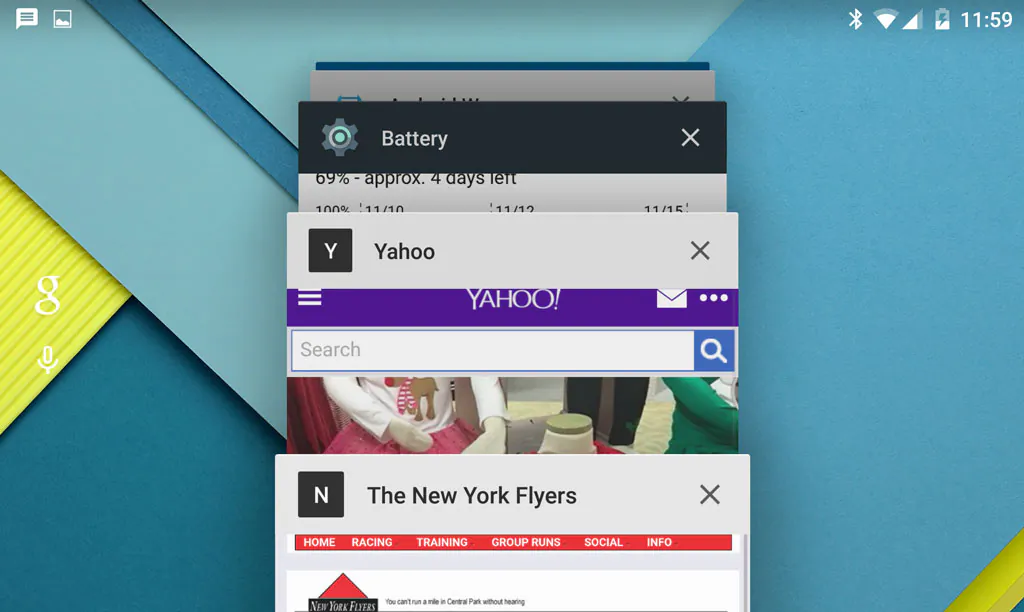 A Google Nexus 6 smartphone running the new Android Lollipop software shows individual tabs in the Chrome browser, bottom and second from bottom, and other open apps, including the battery settings. With the new Lollipop version of Android, users will be able to go directly to an individual tab rather than having to go to an app and then choose the tab. (AP Photo)