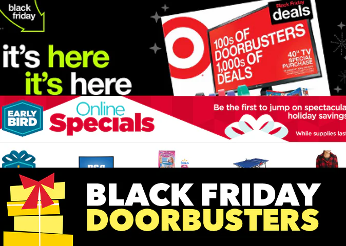 Composite of screenshots from (top-bottom) Target, Walmart, and Best Buy Black Friday ads.