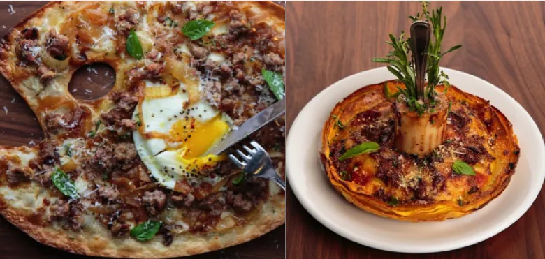 Left: House Made Sausage and Caramelized Onion Pizza. Right: Lasagna Osssobuco. (Courtesy of Florian)