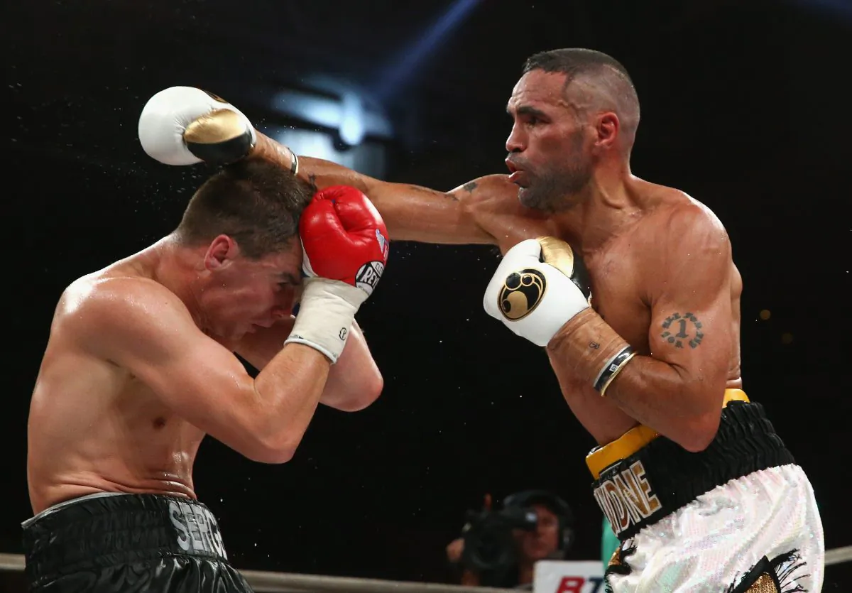Anthony Mundine of Australia fights Sergey Rabchenko of Belarus during the WBC Silver Light Middleweight fight at Hisense Arena on November 12, 2014 in Melbourne, Australia. (Photo by Robert Cianflone/Getty Images)