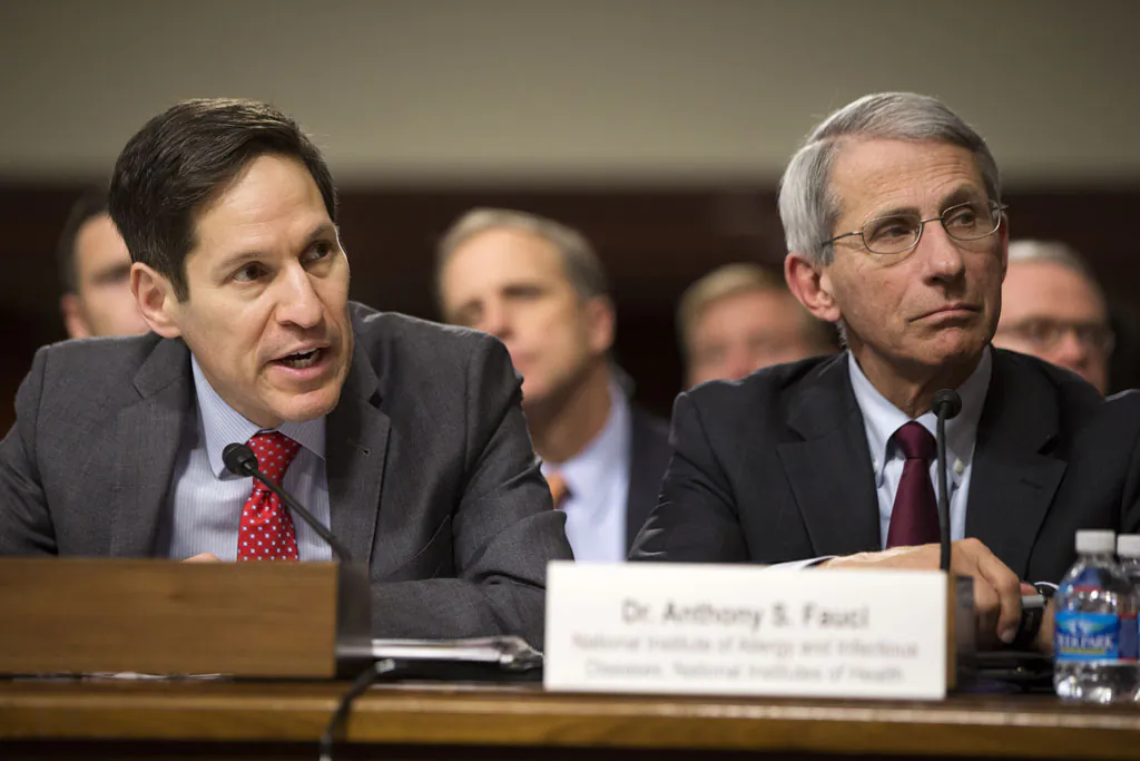 Centers for Disease Control and Prevention Director Dr. Thomas Frieden (L) accompanied by National Institute of Allergy and Infectious Diseases Director Anthony Fauci, testifies on Capitol Hill in Washington, Wednesday, Nov. 12, 2014, before the Senate Appropriations Committee hearing on the government’s Ebola response (AP Photo/Jacquelyn Martin)