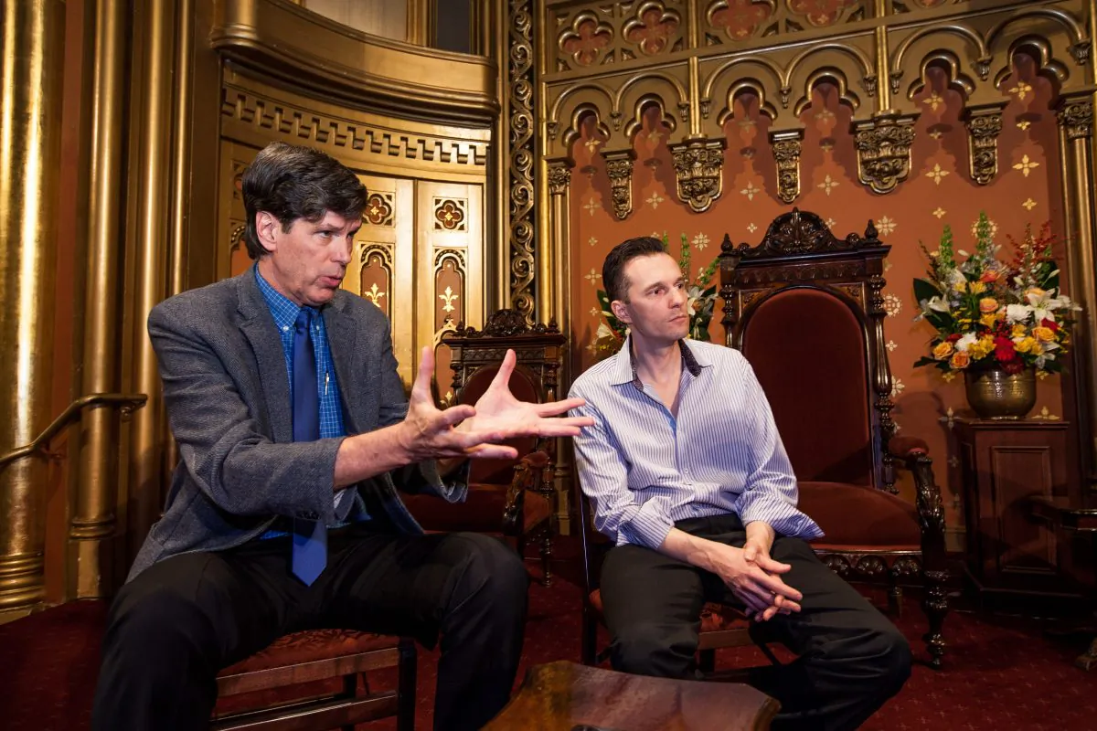 Rev. Robert Chase (L), founding director of Intersections International, and Hadrien Coumans, co-founder and director of Lenape Center, at the Marble Collegiate Church, 1 W 29th Street, Manhattan, New York, on Nov. 5, 2014. Chase and Coumans were instrumental in bringing the Native American opera, “Purchase of Manhattan” to the Marble Collegiate Church, to be presented on Nov. 20, 2014. (Petr Svab/Epoch Times)