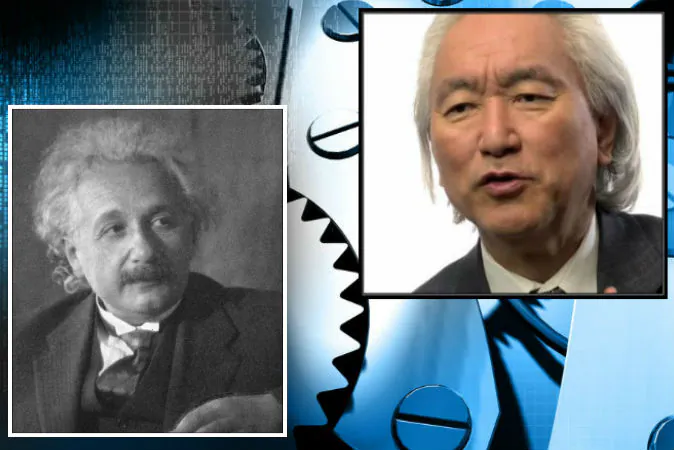 Left: Albert Einstein in 1931. (Doris Ulmann via Wikimedia Commons) Right: Michio Kaku. (Screenshot/Big Think/YouTube) Background: Mechanical gears. (Shutterstock*)